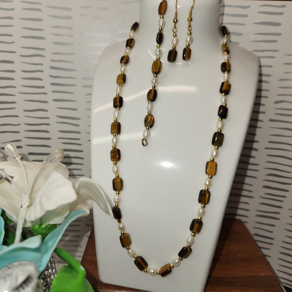 #14,  TIGER EYES & FRESHWATER PEARLS SET OF BRACELET, NACKLACE, EARRINGS